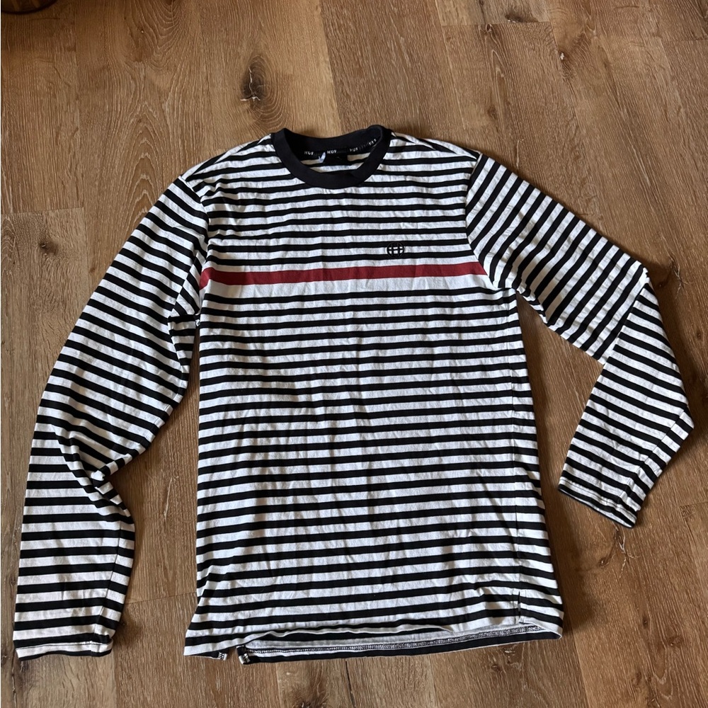HUF Black & White Striped Long-Sleeve Tee with Red Chest Stripe‎ Size S